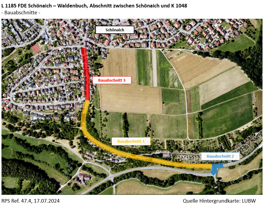Übersichtslageplan der Bauabschnitte zur Fahrbahndeckenerneuerung L 1185 zwischen Schönaich und Waldenbuch