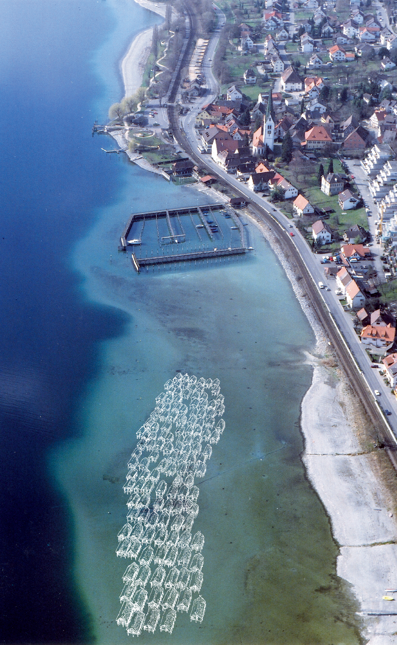 Bild zeigt die Siedlung von oben als Luftbild