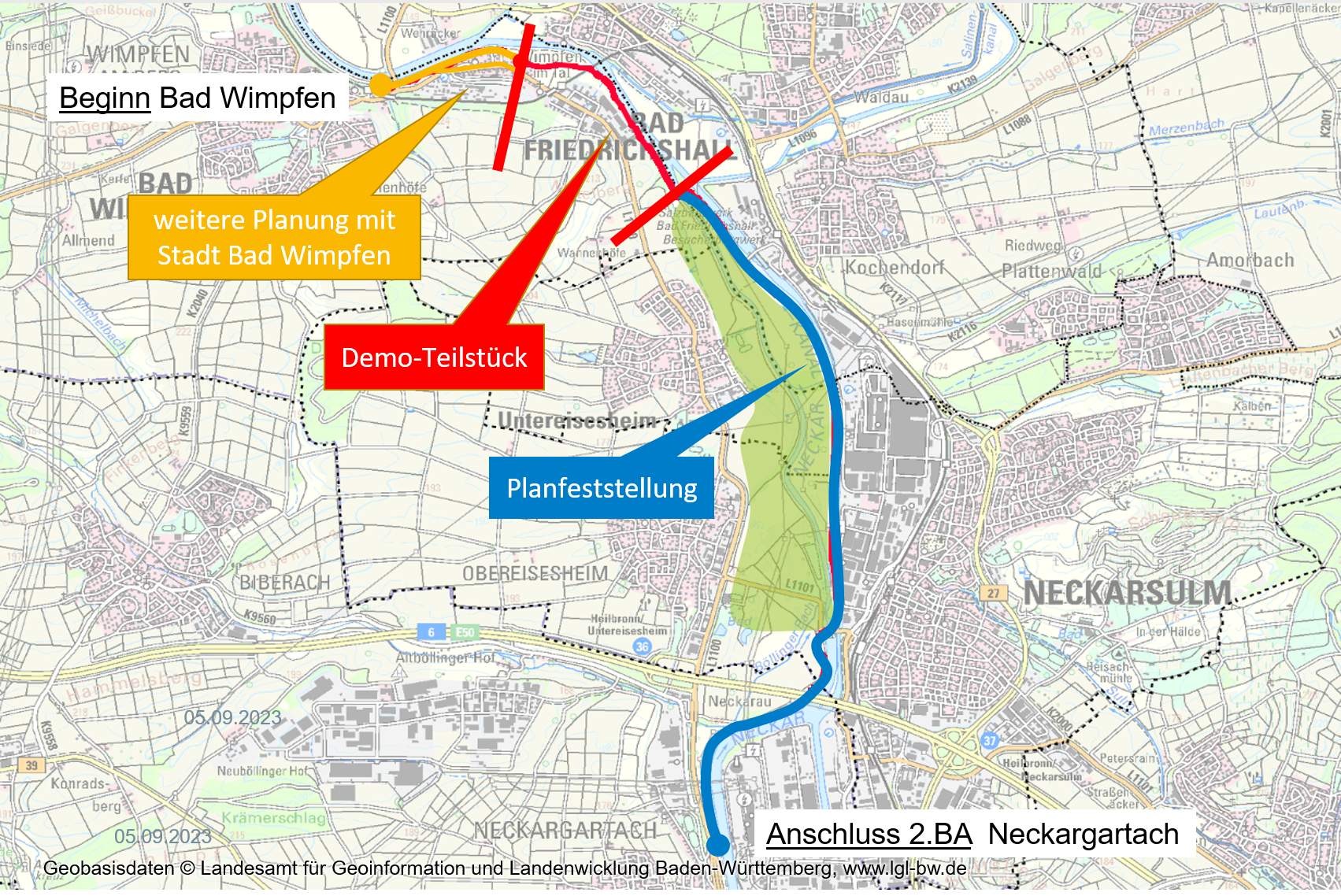 Kartenausschnitt der Trasse des Radschnellwegs