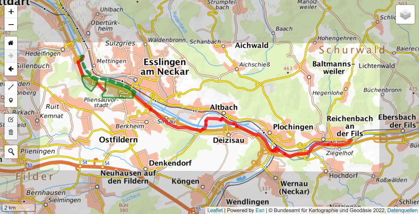 Kartenausschnitt mit dem Verlauf des Radschnellweges 4 von Esslingen nach Reichenbach an der Fils