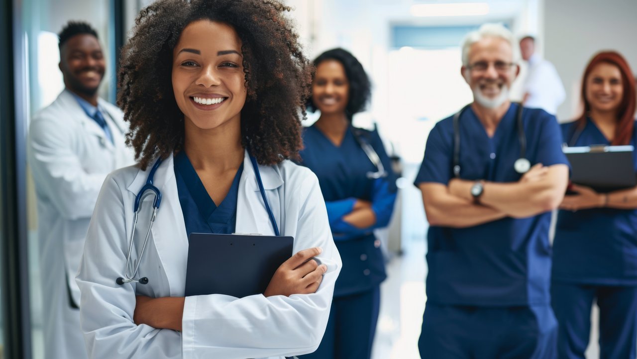 Bild zeigt eine dunkelhäutige Ärztin mit verschrenkten Armen im Vordergrund und verschwommen im Hintergrund 4 Ärzte mit verschränkten Armen