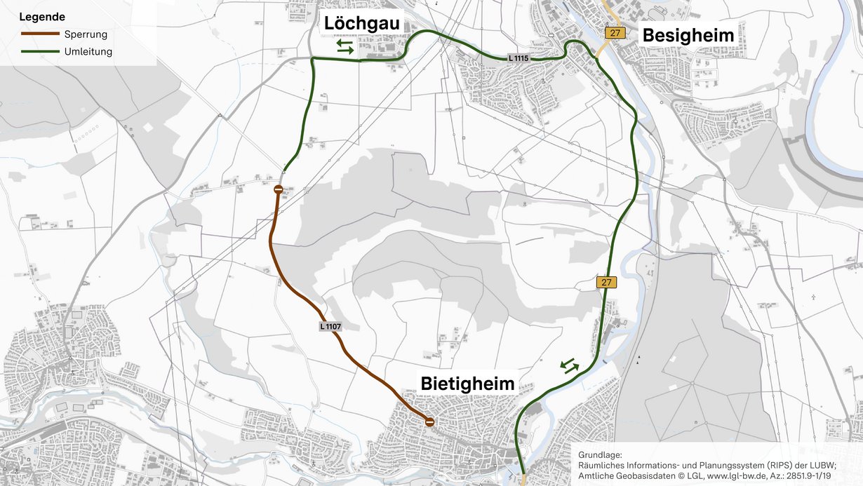 L 1107 Fahrbahndeckenerneuerung zwischen Bietigheim und Löchgau Umleitungsplan