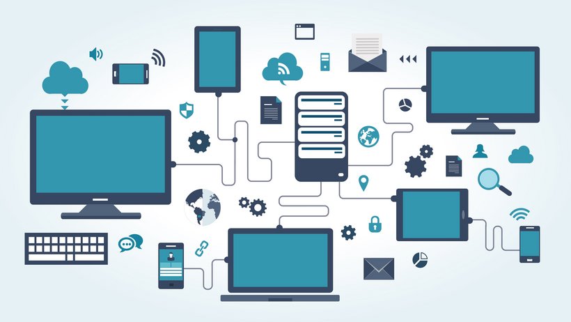 Computer, Tablets und Handys, die mit Kabel miteinander verbunden sind