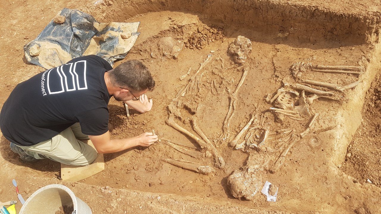 Bild zeigt Archäologen bei der Freilegung einer Mehrfachbestattung