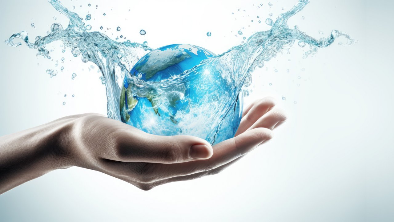 Eine Hand hält die Erde, um sie herum sprudelt Wasser