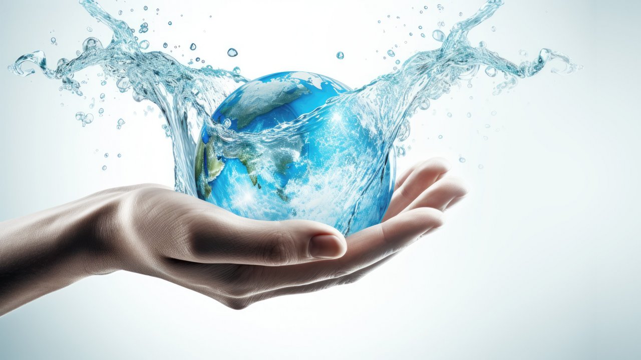 Eine Hand hält die Erde, um sie herum sprudelt Wasser