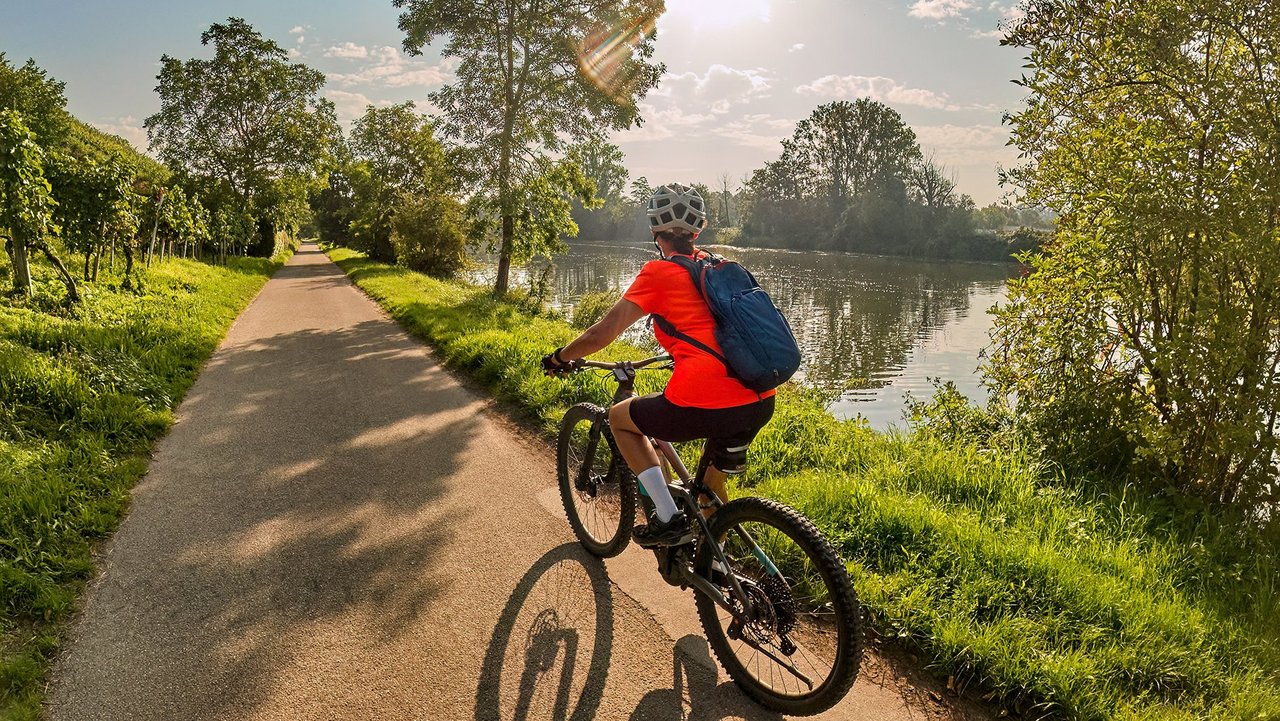 Symbolbild zeigt Radfahrerin die auf einem Radweg entlang eines Flusses fährt