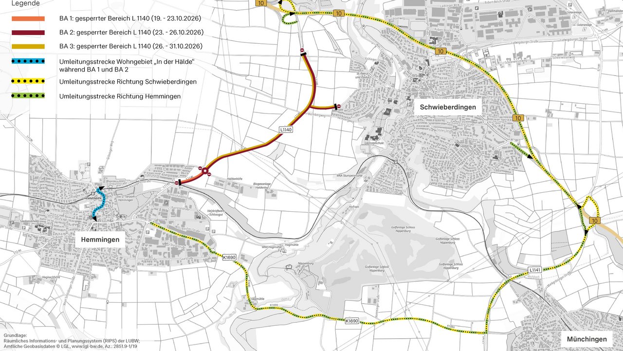 Bild zeigt Umleitungsplan L 1140: Fahrbahndeckenerneuerung zwischen Hemmingen und Schwieberdingen
