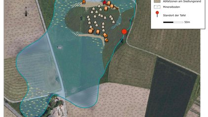 Bild zeigt Rekonstruktion der jungsteinzeitlichen Siedlung in der Landschaft