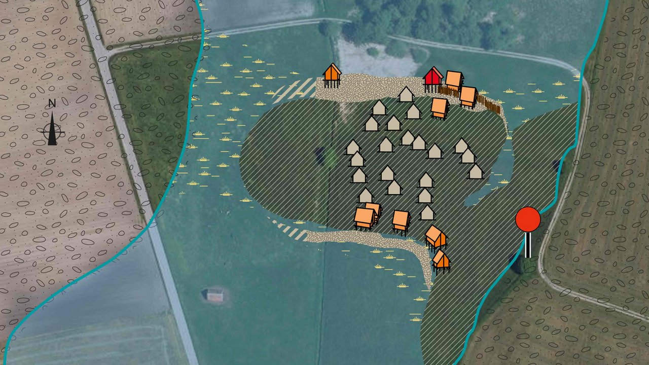 Bild zeigt Rekonstruktion der jungsteinzeitlichen Siedlung in der Landschaft