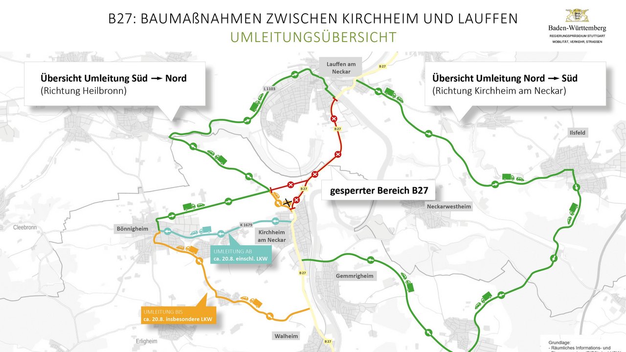 Übersicht Sperrung und Umleitung B 27 Baumaßnahmen