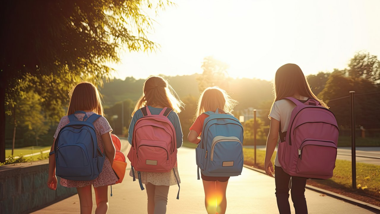 Grundschulkinder mit Rücksack laufen auf dem Schulweg