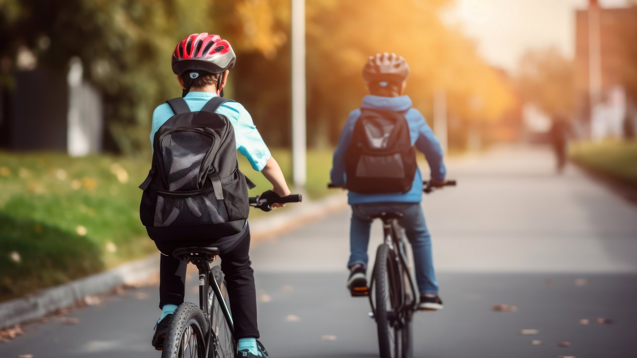Zwei Kinder fahren mit dem Rad zur Schule