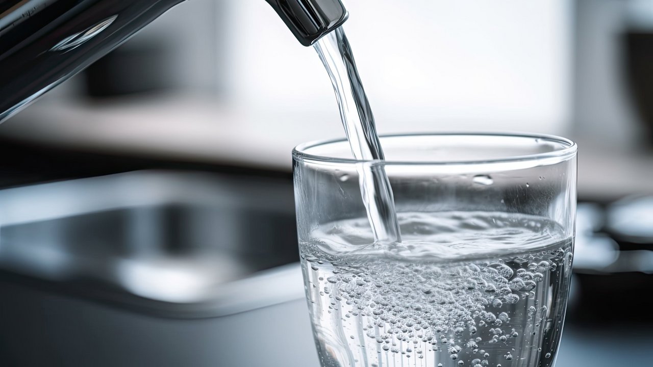 Trinkwasser fließt aus einer Küchenarmatur in ein Glas