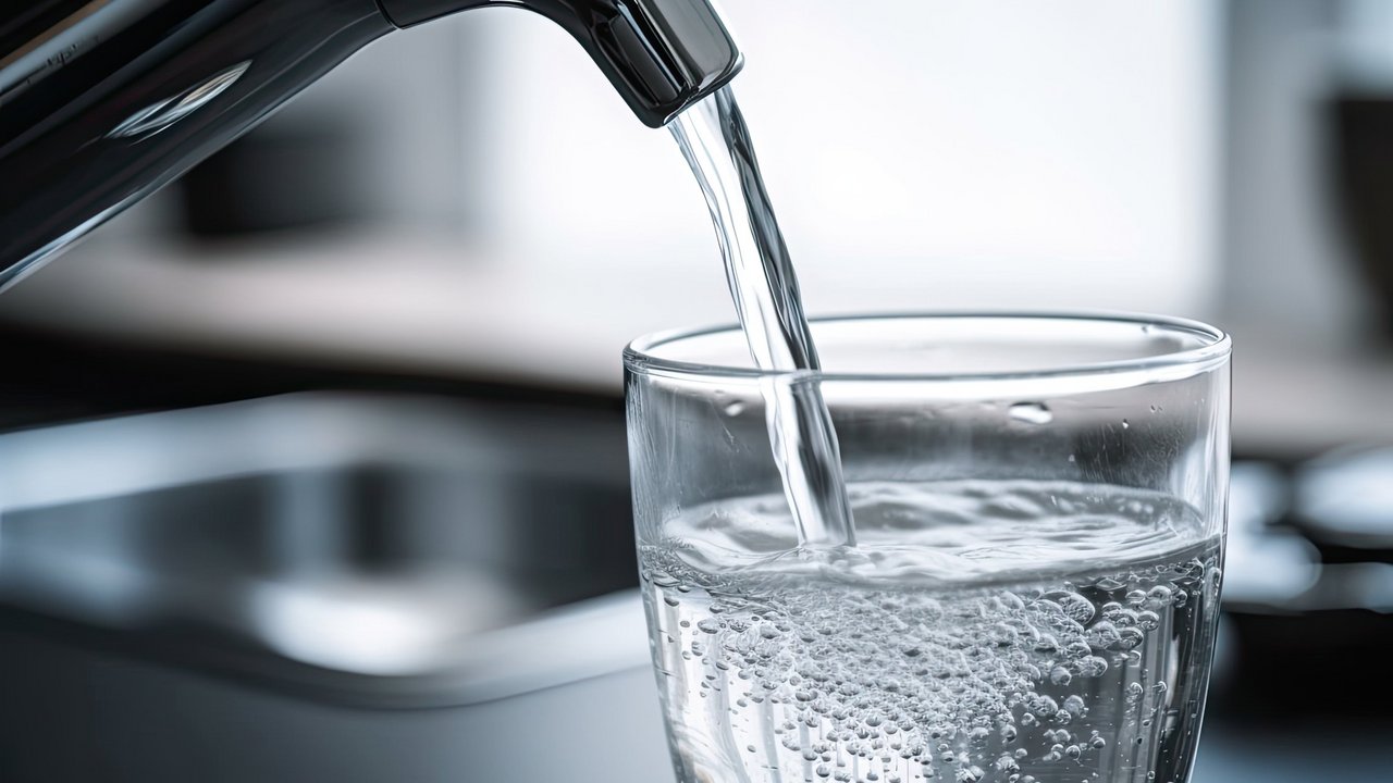 Trinkwasser fließt aus einer Küchenarmatur in ein Glas