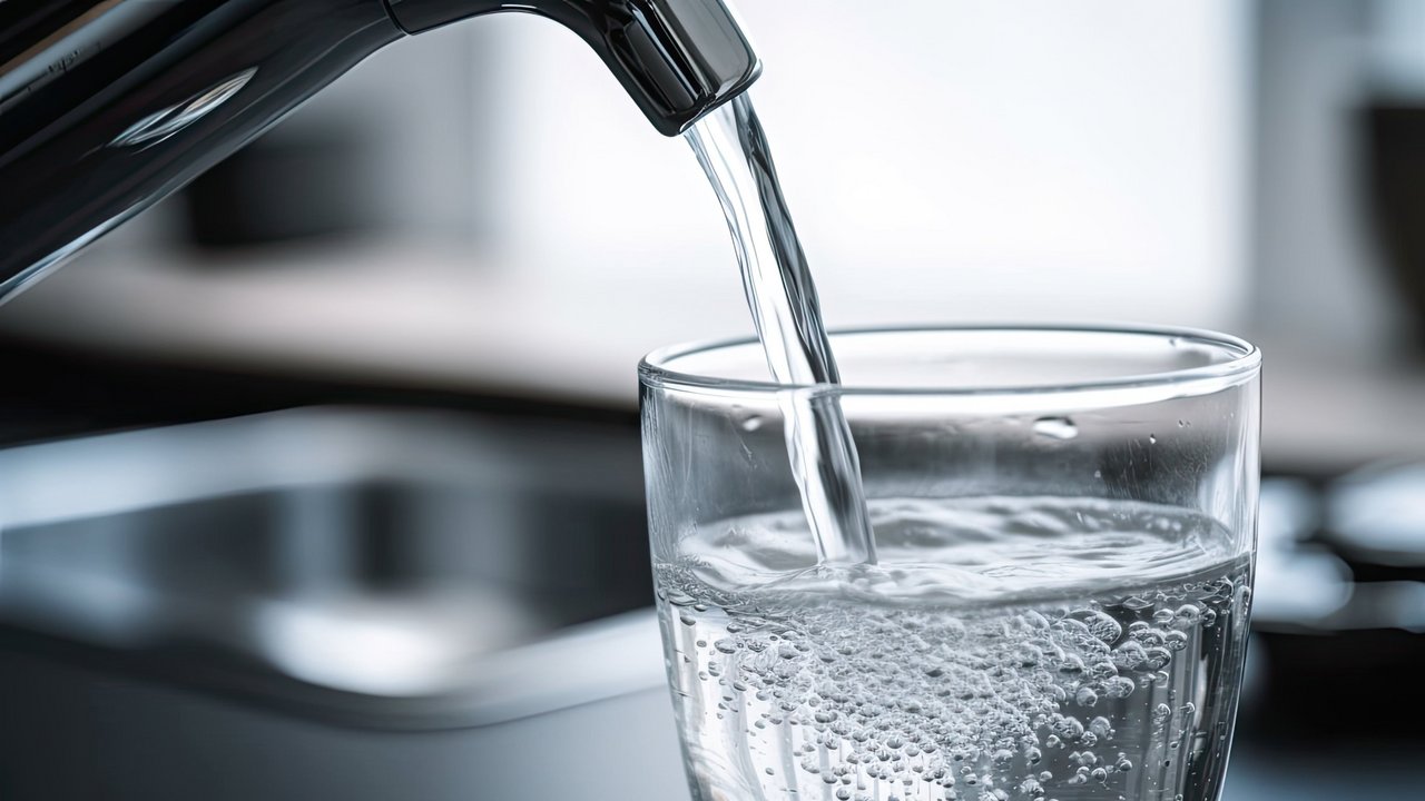 Trinkwasser fließt aus einer Küchenarmatur in ein Glas Trinkwasser fließt aus einer Küchenarmatur in ein Glas