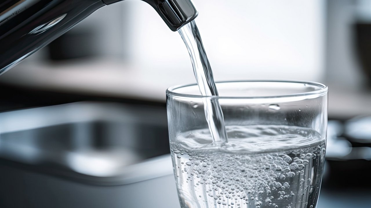 Trinkwasser fließt aus einer Küchenarmatur in ein Glas