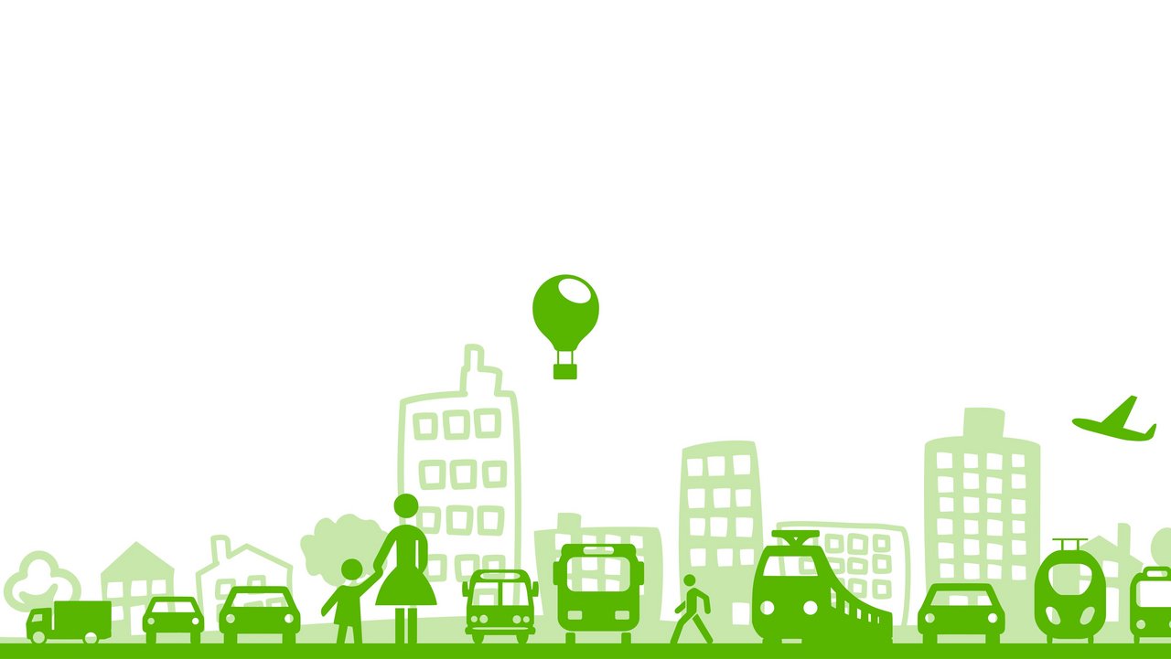 Bild zeigt grüne, gezeichnete Verkehrsmittel mit Häusern im Hintergrund