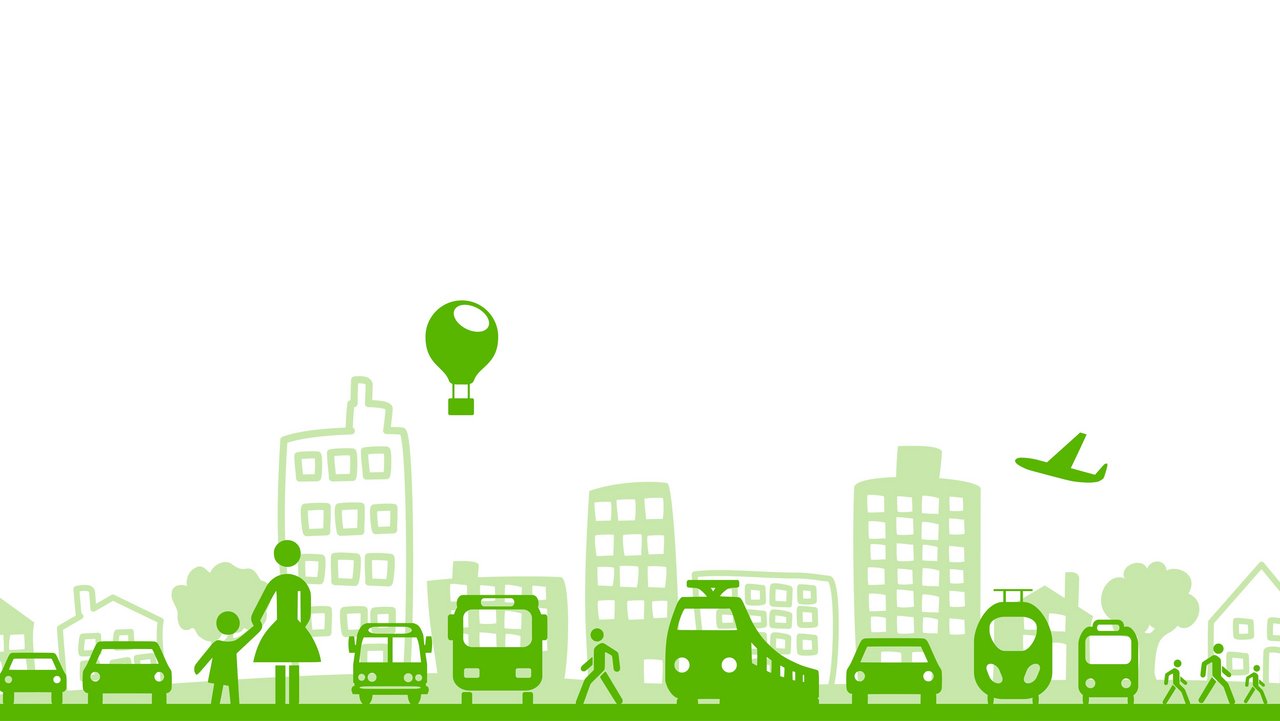 Bild zeigt grüne, gezeichnete Verkehrsmittel mit Häusern im Hintergrund