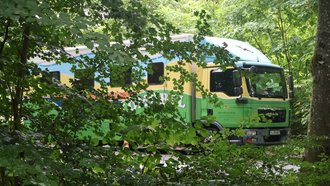 Das Ökomobil steht im Wald