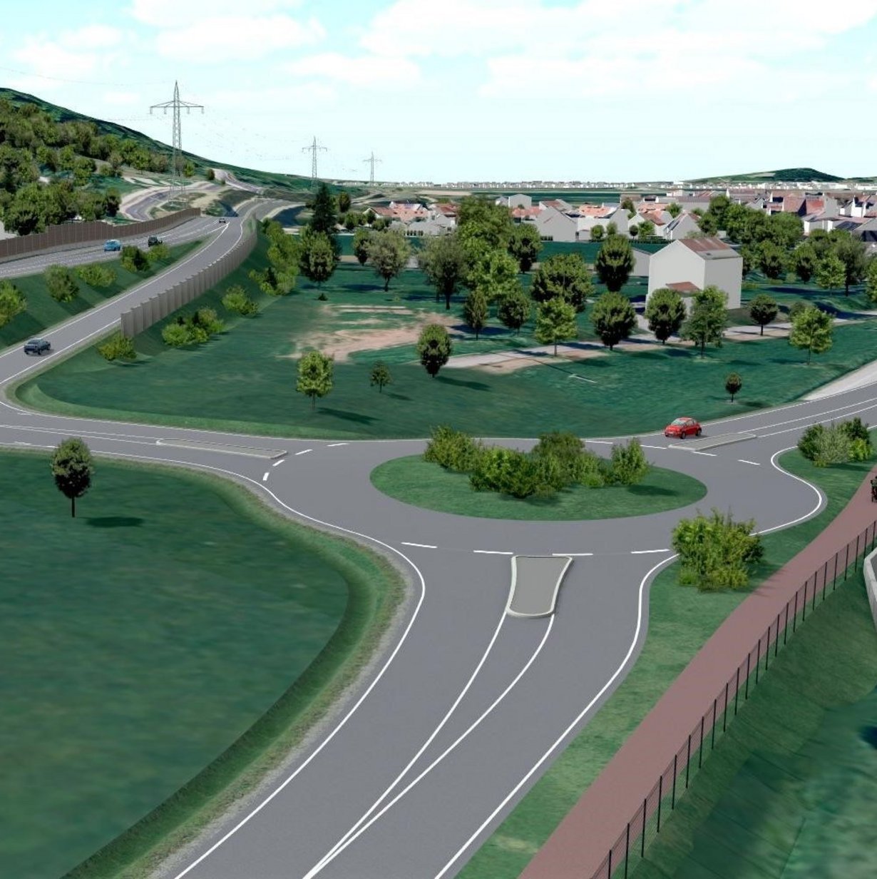 Landschaft mit Kreisverkehr und Autobahn