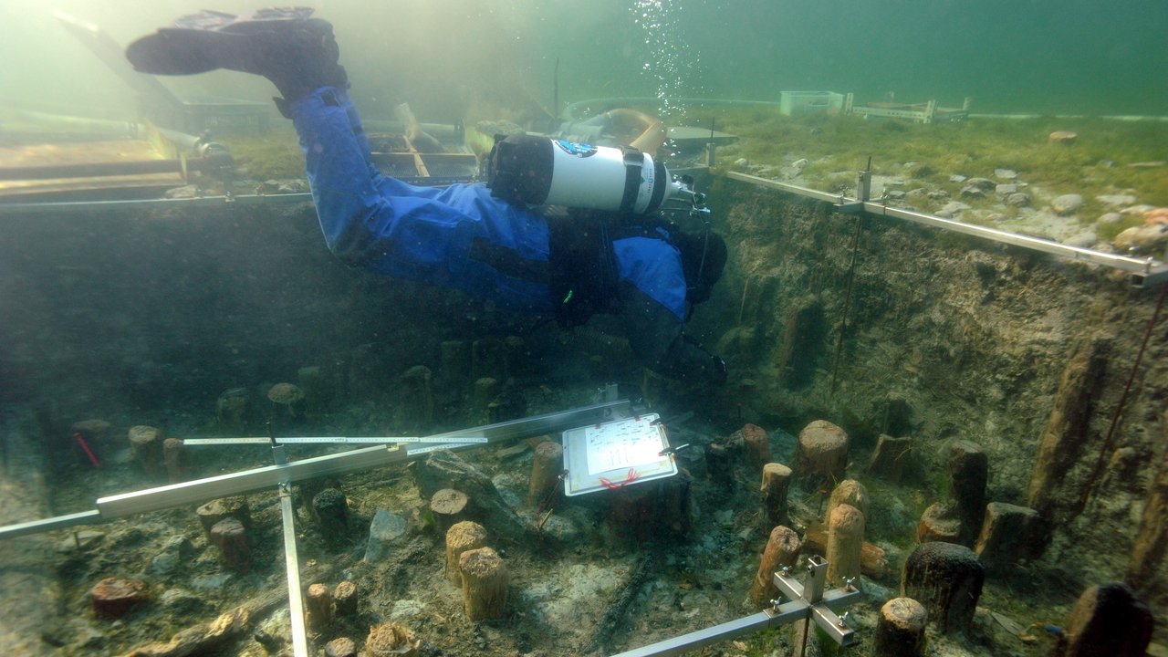 Bild zeigt einen Taucher im See bei einer Grabung