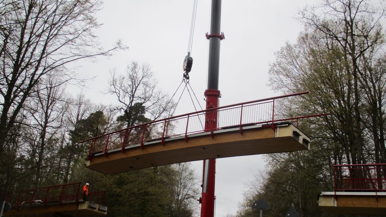 Einhub der neuen Holzbrücke im Zuge des Wellingwegs ("Vesperbrückle")