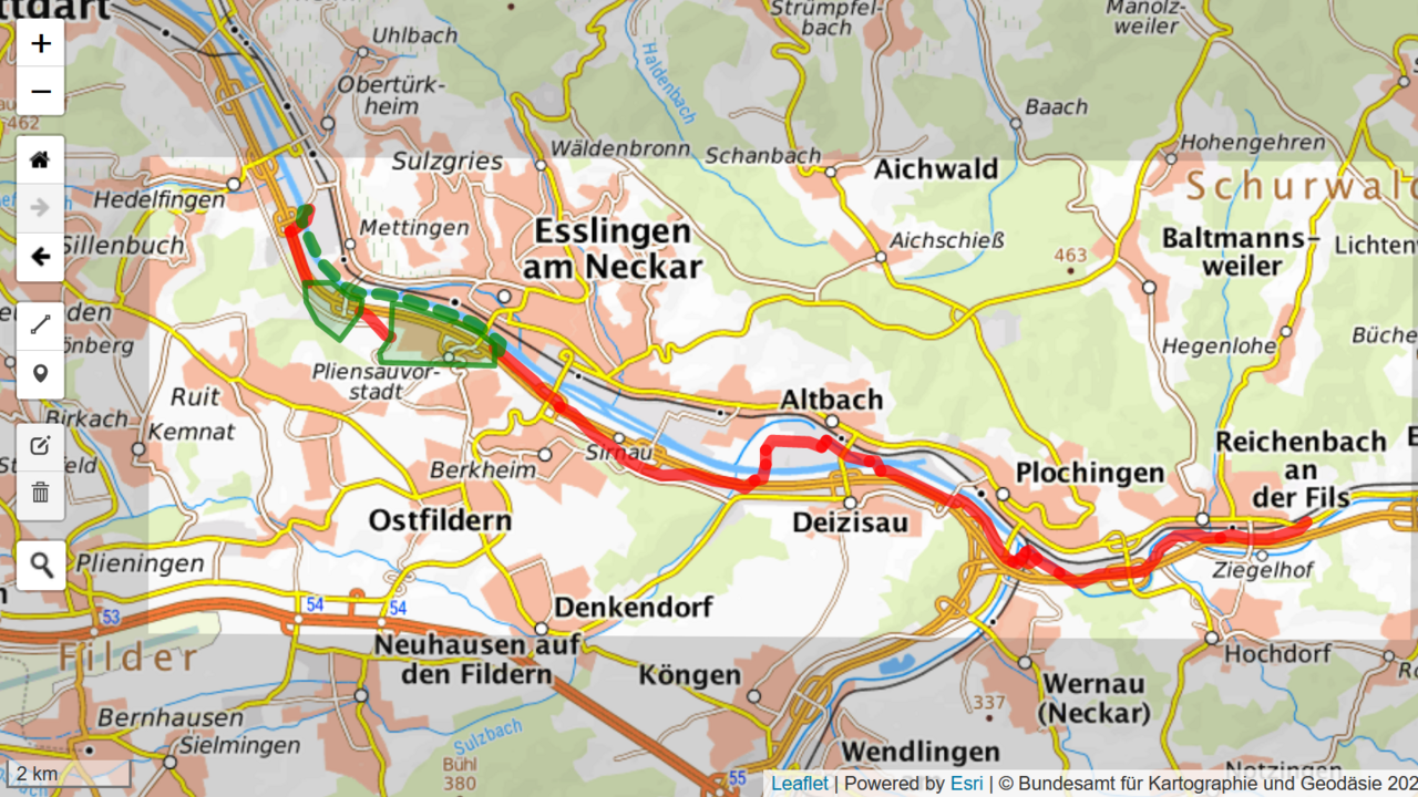 Kartenausschnitt mit dem Verlauf des Radschnellweges 4 von Esslingen nach Reichenbach an der Fils