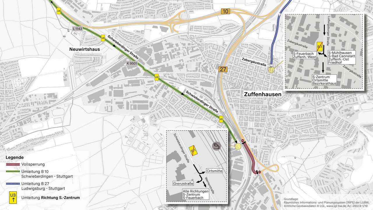 Bild zeigt das Umleitungskonzept B 10 / B 27 Fahrbahndeckenerneuerung Stuttgart-Zuffenhausen