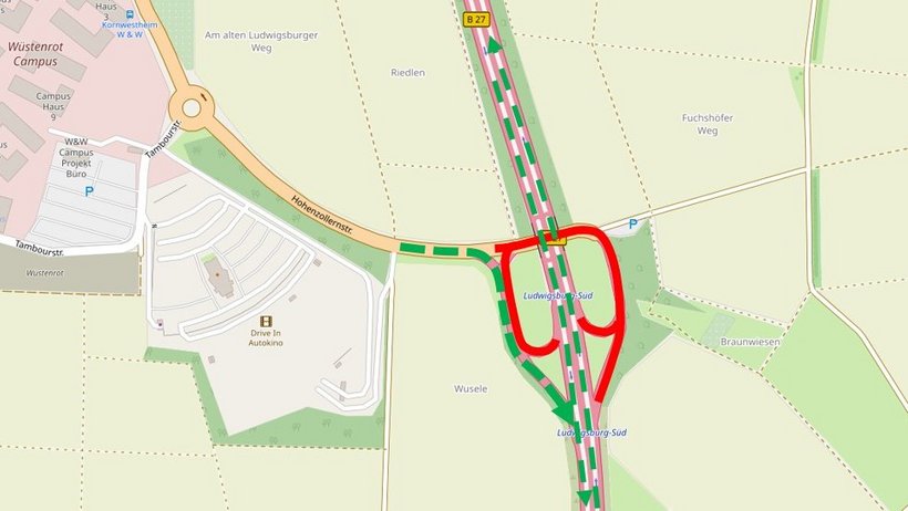 Karte zeigt Teilsperrung der Anschlussstelle Ludwigsburg-Süd