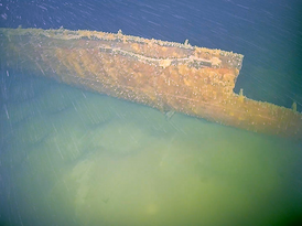 Seitenwand des abgewrackten und versenkten ersten Salondampfers am Bodensee – der SD Baden/ehemals Kaiser Wilhelm – am Seegrund. Deutlich erkennbar ist die Kante bis zu der das Schiff zerlegt wurde 