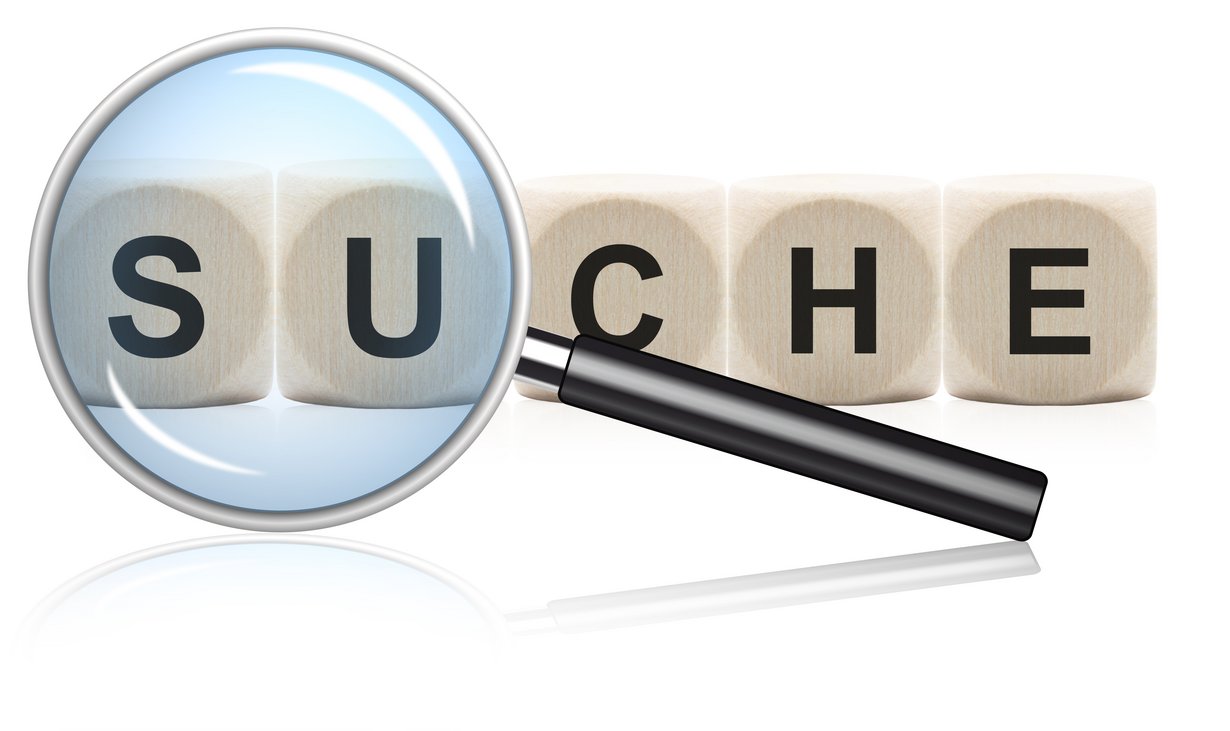 Lupe vor beschrifteten fünf Würfeln mit SUCHE