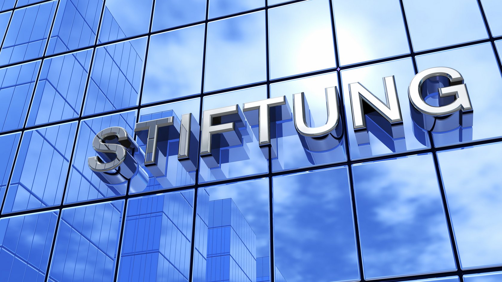 Blaue Fassade mit Schriftzug Stiftung