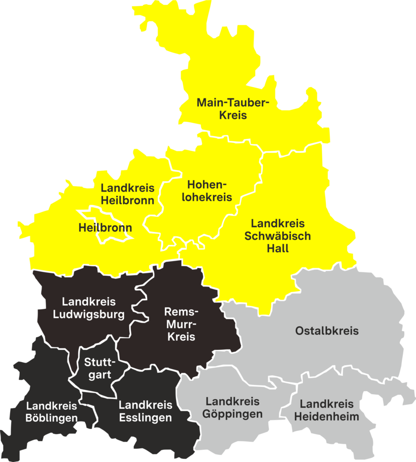 Regierungsbezirk Stuttgart in Landkreise und Regionen unterteilt