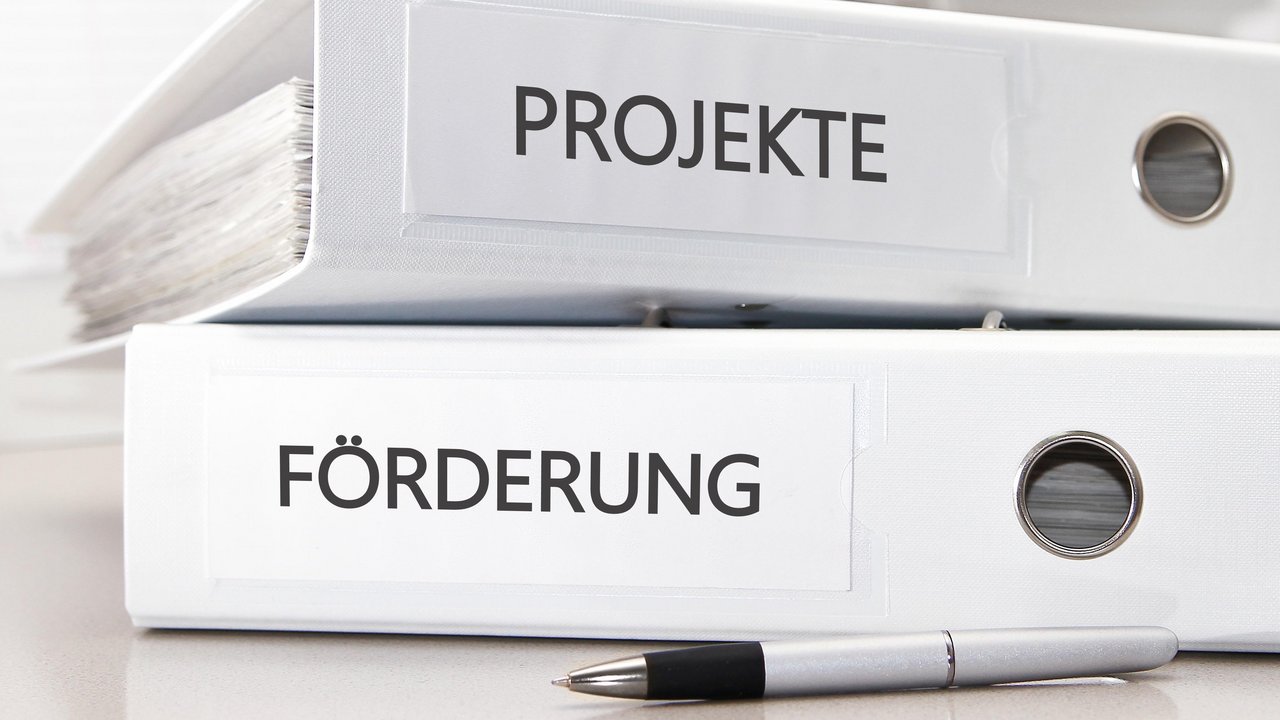 Bild zeigt zwei aufeinanderliegende Aktenordner einmal mit der Beschriftung Förderung und einmal mit der Beschriftung Projekte