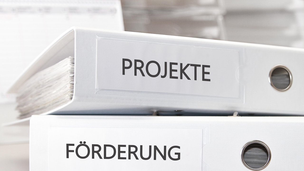 Bild zeigt zwei aufeinanderliegende Aktenordner einmal mit der Beschriftung Förderung und einmal mit der Beschriftung Projekte