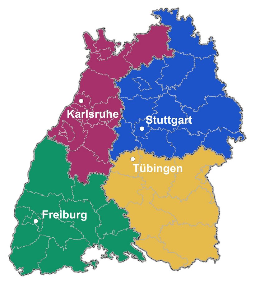 Die vier Regierungsbezirke in Baden-Württemberg