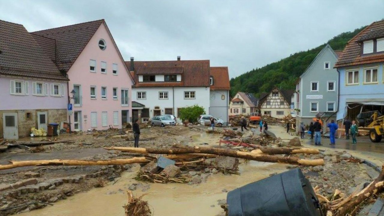 Marktplatz von Braunsbach nach der Flutkatastrophe