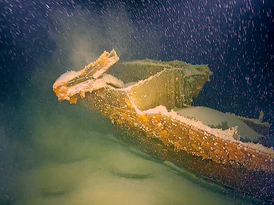 Heck des Rumpfes der SD Friedrichshafen II am Grund des Bodensees. Alle Aufbauten und Einbauten wurden vor Versenken entfernt 