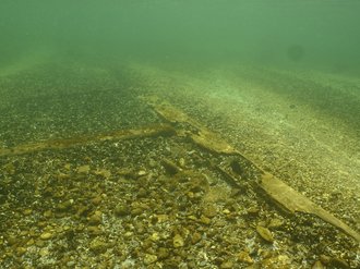 Hölzerne Fundamente der ehemaligen Walkmühle im Konstanzer Trichter.