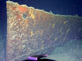 Nahaufnahme vom Bug des Rumpfes der SD Friedrichshafen II am Grund des Bodensees, von Backbord. Im Vordergrund der Greifarm des Unterwasserroboters 