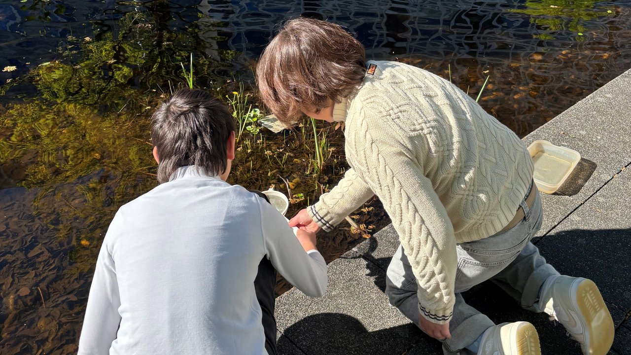 Kind und Frau sitzen am Teich und untersuchen das Wasser
