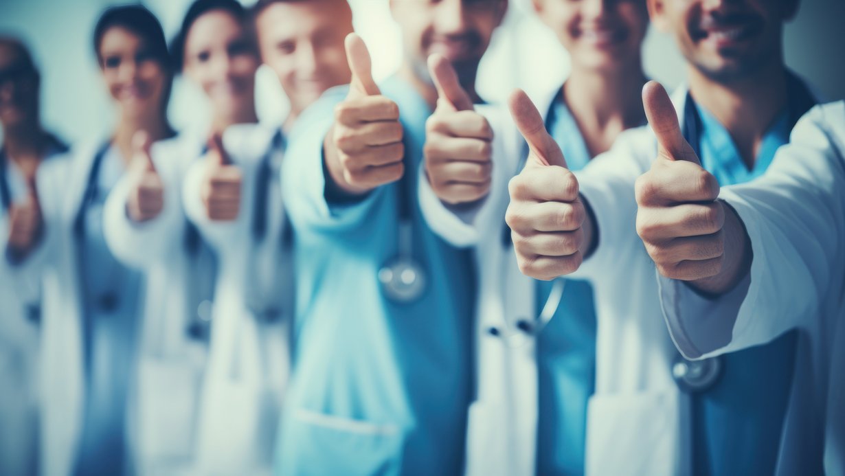 Bild zeigt Personen in Medizinberufen, die den Daumen nach oben strecken