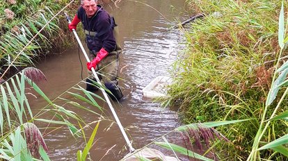 Vor der Maßnahme musste eine aufwendige Fischbergung stattfinden. Volker Traub vom Referat 56 des RPS fischt unterhalb der Furt ab. 