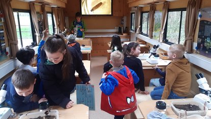 Kinder untersuchen im Ökomobil ihre gesammelten Objekte