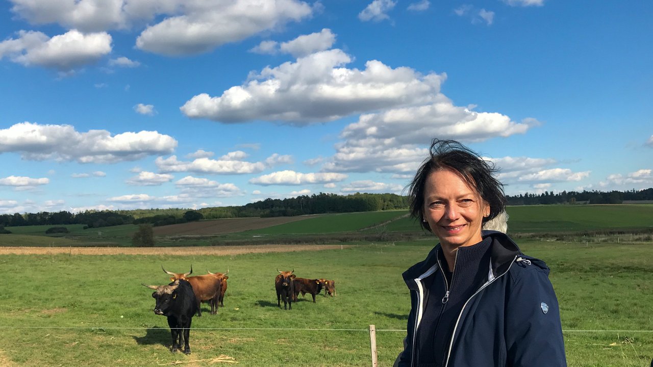 Bild zeigt Regierungspräsidentin Bay auf einer Wiese im Hintergrund Rinder