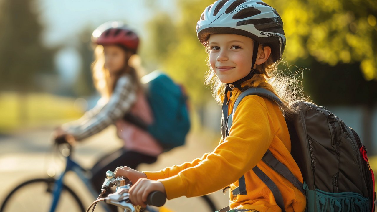 zwei Schüler auf dem Weg zur Schule mit dem Fahrrad