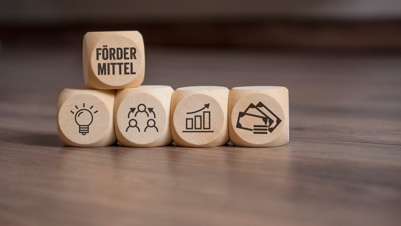 Holzwürfel Bild zeigt fünf Holzwürfel mit Fördermittel