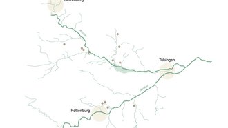 Karte Lage der in der Ausstellung vorgestellten archäologischen Fundplätze im Ammer- und Neckartal.