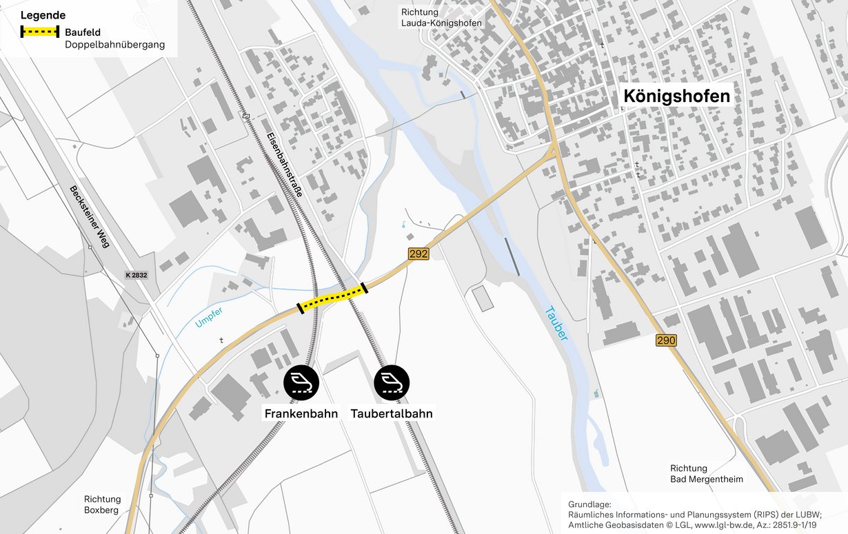 Bild zeigt Lageplan der Beseitigung des Doppelbahnübergangs bei Lauda-Königshofen